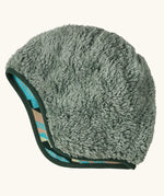 Patagonia baby cosy reversible beanie hat in diamond stripe/snowmelt showing a 100% recycled polyester green fleece pile outer