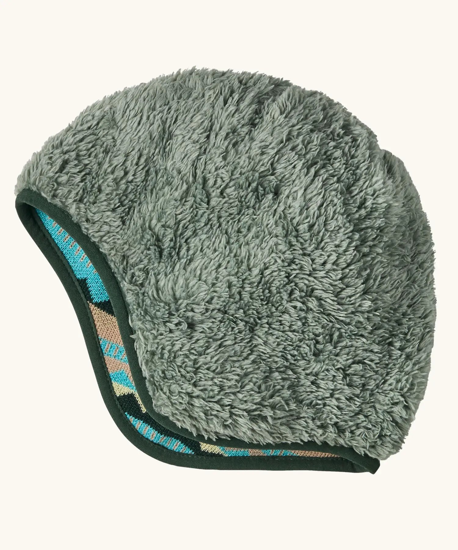 Patagonia baby cosy reversible beanie hat in diamond stripe/snowmelt showing a 100% recycled polyester green fleece pile outer