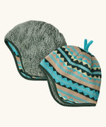 Patagonia baby cosy reversible beanie hat in diamond stripe/snowmelt made from 100% recycled polyester outer and inner 
