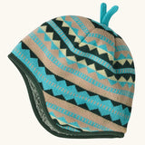 Patagonia baby cosy reversible beanie hat in diamond stripe/snowmelt showing a knitted beige and turquoise geometric design