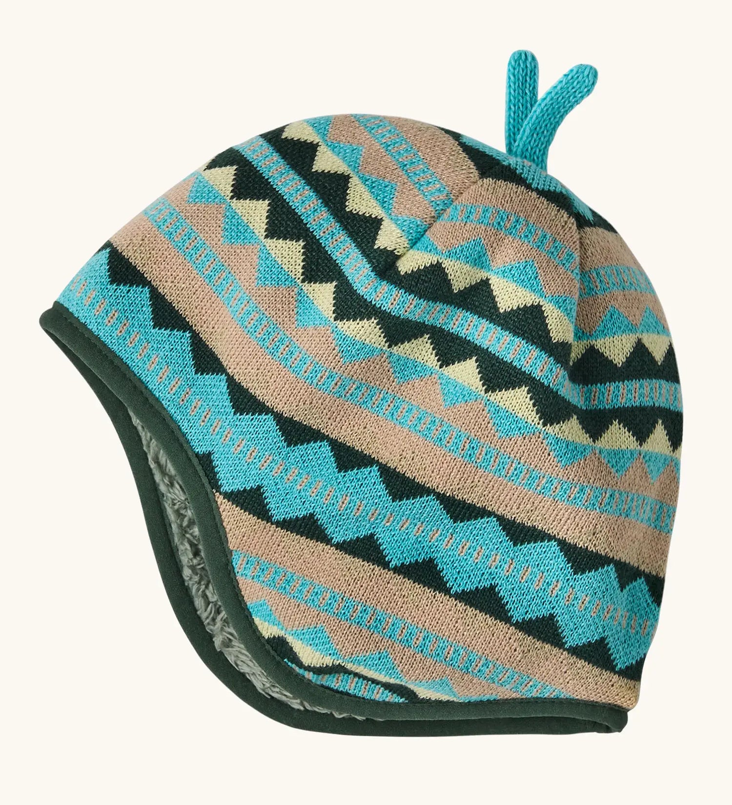 Patagonia baby cosy reversible beanie hat in diamond stripe/snowmelt showing a knitted beige and turquoise geometric design