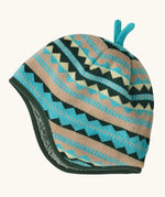 Patagonia baby cosy reversible beanie hat in diamond stripe/snowmelt showing a knitted beige and turquoise geometric design