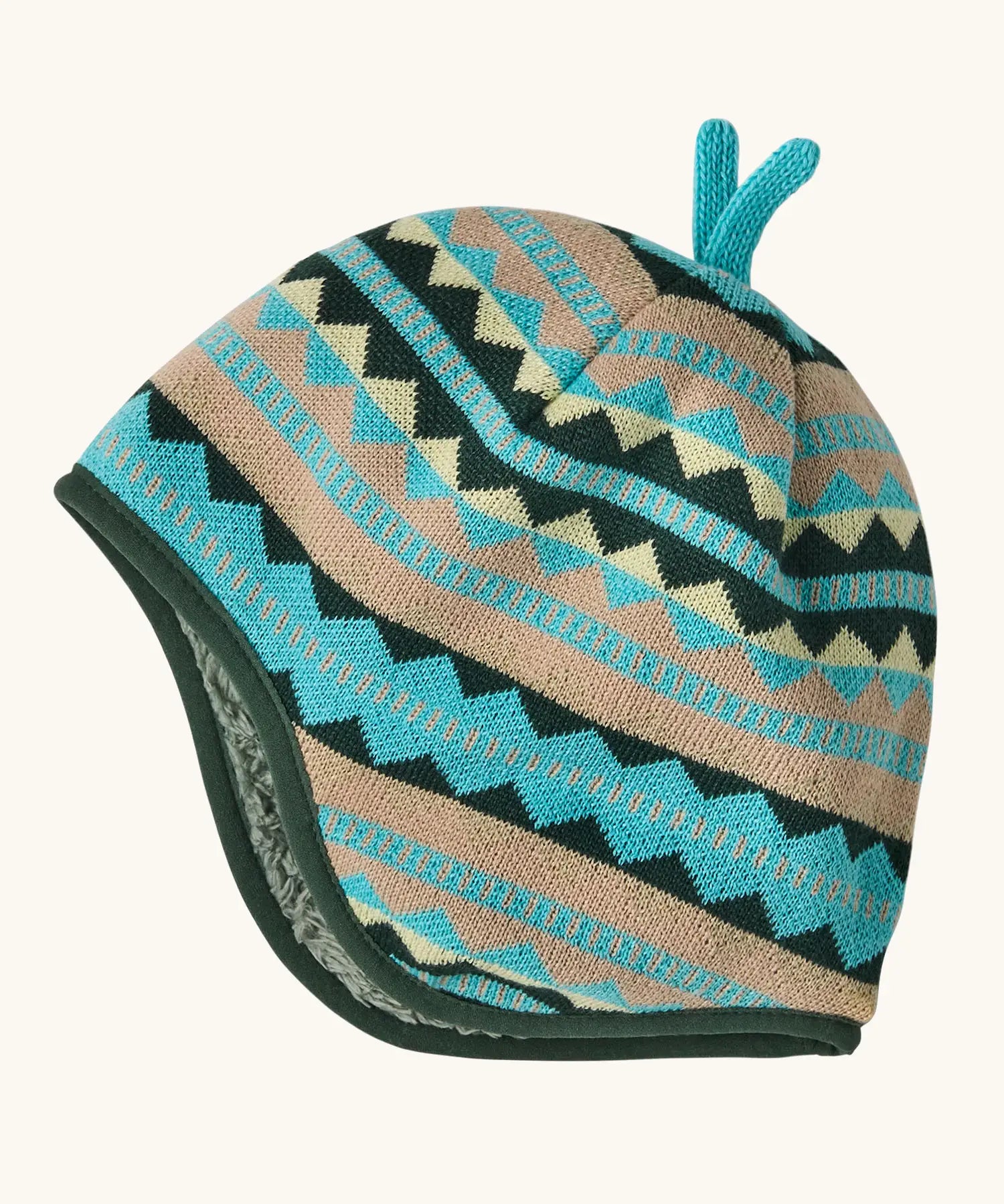 Patagonia baby cosy reversible beanie hat in diamond stripe/snowmelt showing a knitted beige and turquoise geometric design