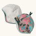 Patagonia baby cosy reversible beanie hat in hope blooms/fuzzy mauve showing a repeating knitted floral design and fleece pile 