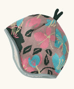 Patagonia baby cosy reversible beanie hat in hope blooms/fuzzy mauve showing a repeating knitted floral design 