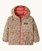 Patagonia little kids down hooded jacket in tiny world/lichen green. A light warm reversible jacket in pale green a cute floral design. Features a a full length zip and 2 side pouch pockets