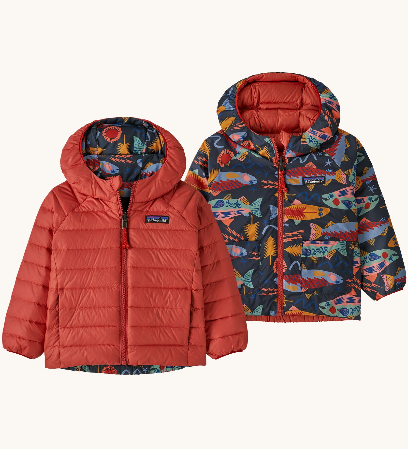 Patagonia Kids Reversible Down Hoody in salon energy/ink black design side by side showing the different colour and print detail.
