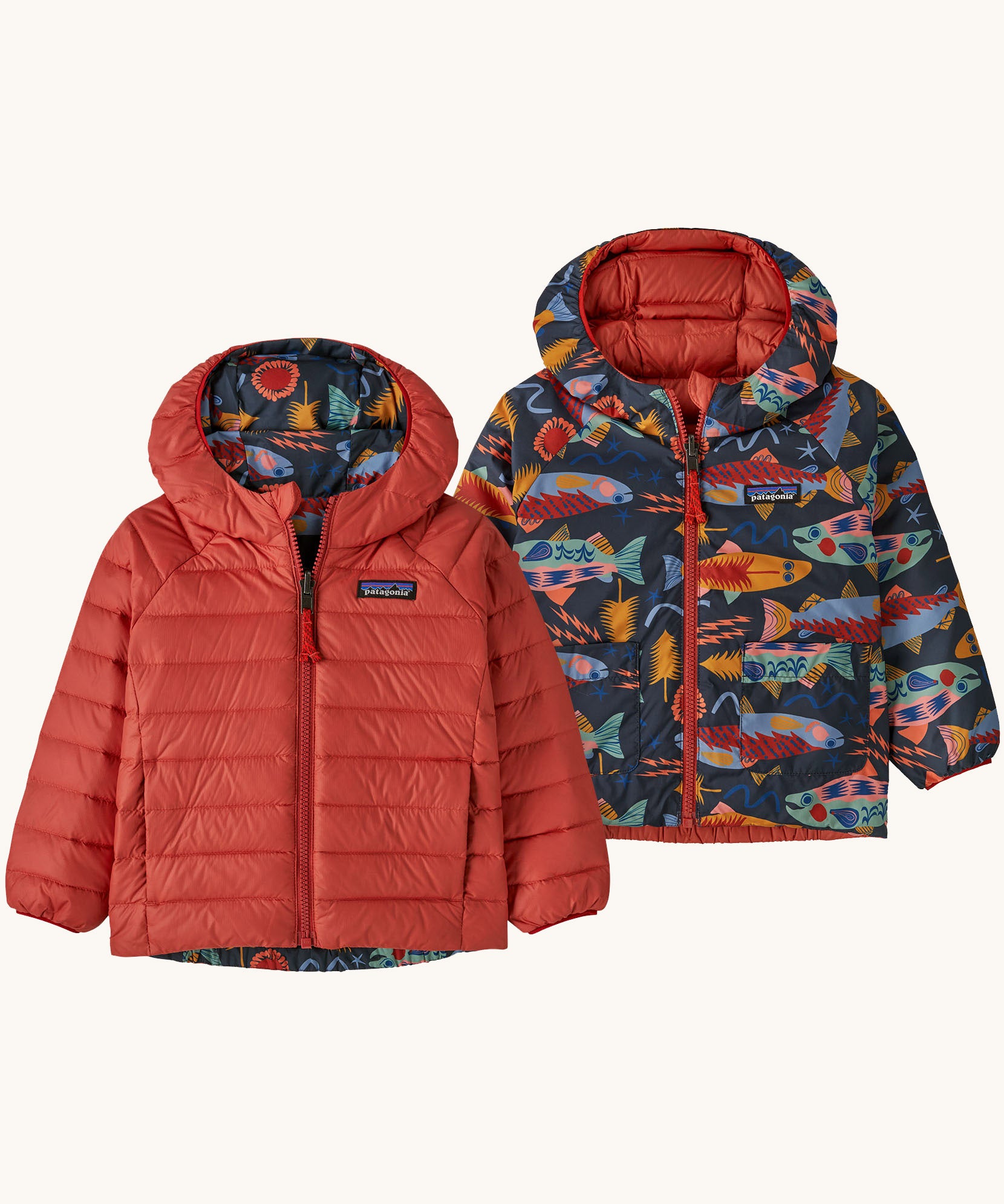 Patagonia Kids Reversible Down Hoody in salon energy/ink black design side by side showing the different colour and print detail.