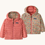 Patagonia Kids Reversible Down Hoody in tiny world/lichen green design side by side showing the different colour and print detail.