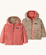 Patagonia Kids Reversible Down Hoody in tiny world/lichen green design side by side showing the different colour and print detail.