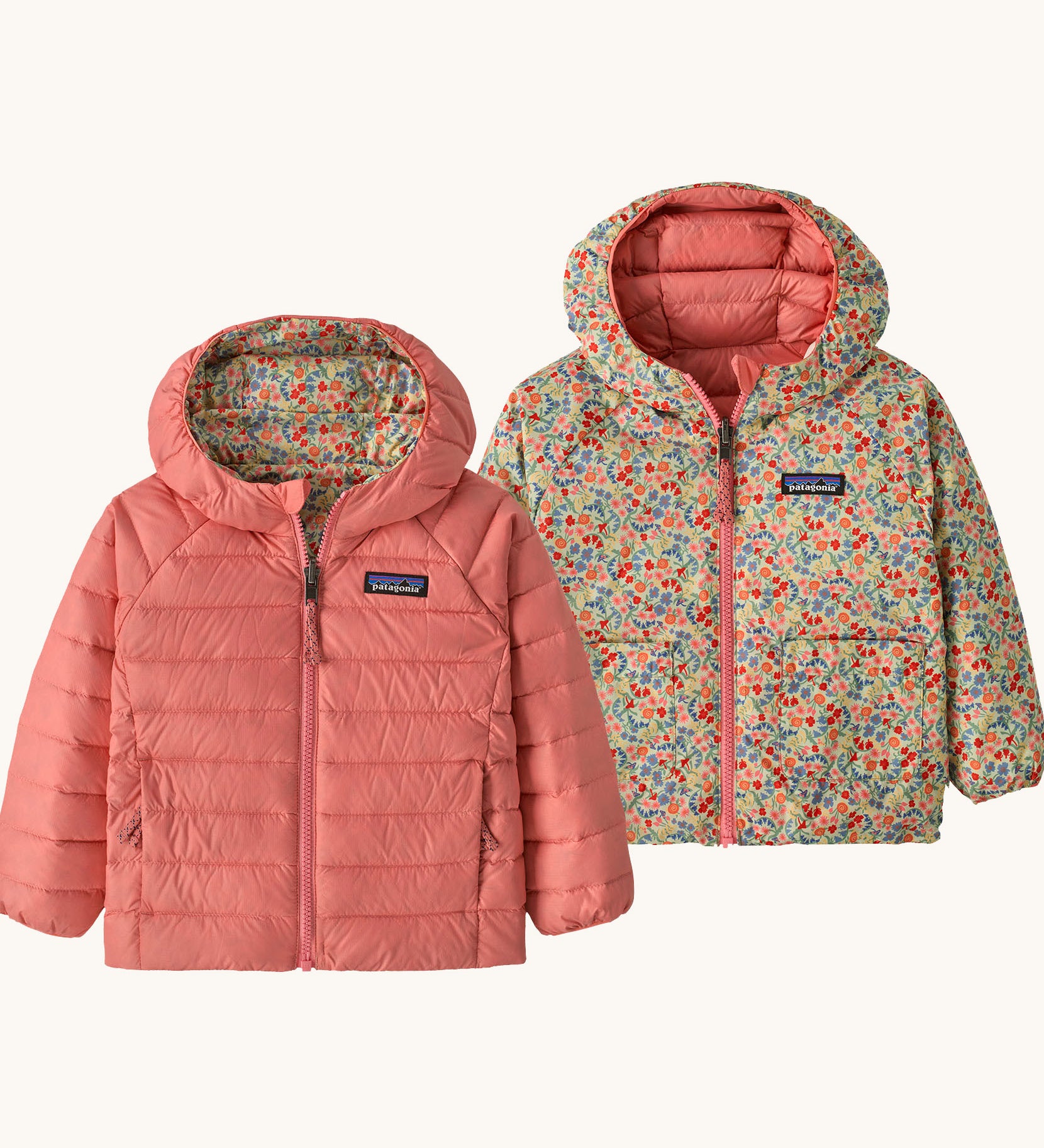 Patagonia Kids Reversible Down Hoody in tiny world/lichen green design side by side showing the different colour and print detail.