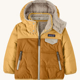 Patagonia little kids tribbles hoody available at Babipur. A reversible coat showing a dark and light yellow hooded coat and natural fleece inner for warmth. Features a small chest pocket with popper fastening and 2 side zip pockets