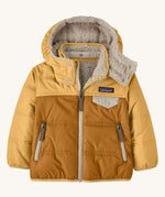 Patagonia little kids tribbles hoody available at Babipur. A reversible coat showing a dark and light yellow hooded coat and natural fleece inner for warmth. Features a small chest pocket with popper fastening and 2 side zip pockets