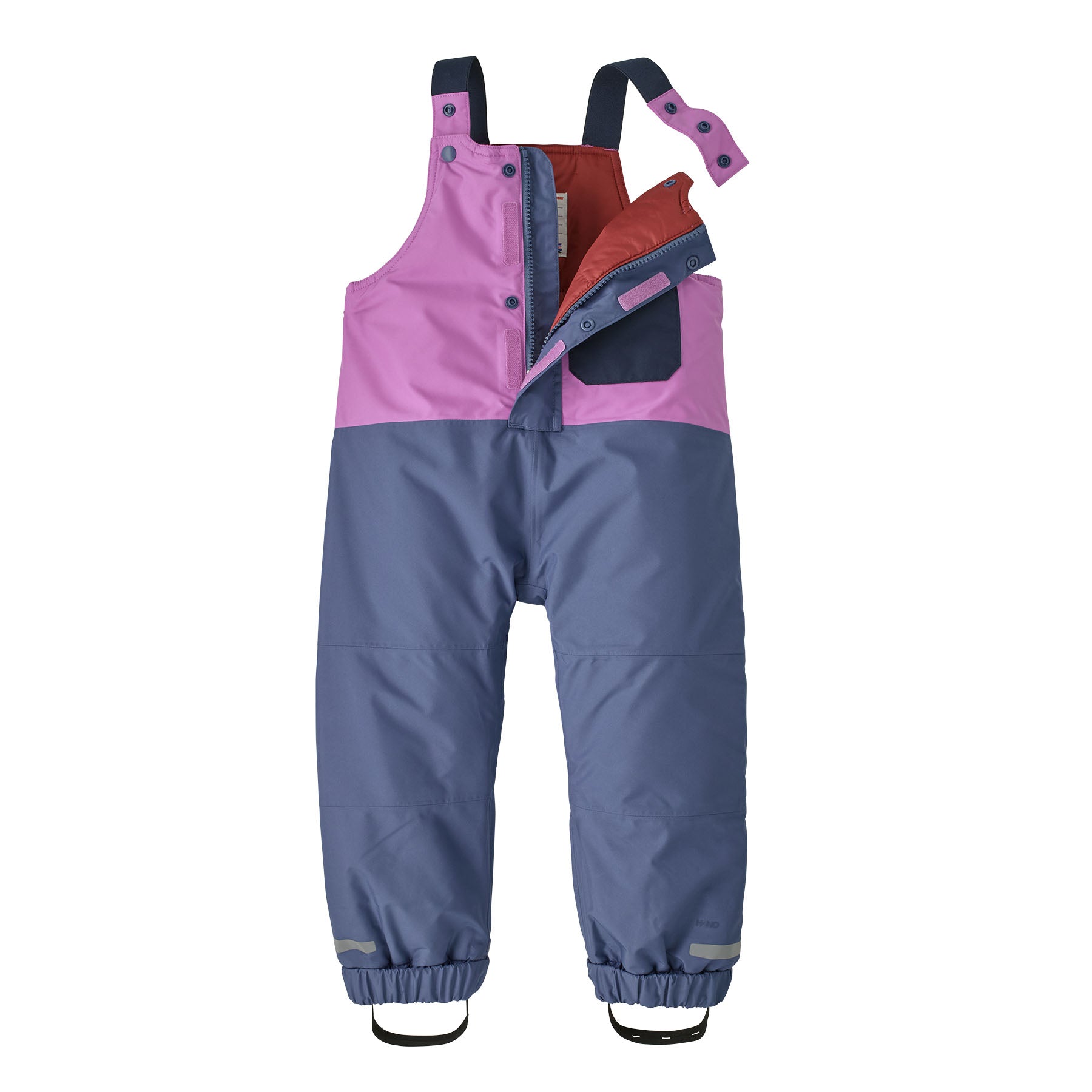 The Patagonia Baby Snow Pile Bibs in a  brisk purple available at Babipur showing the shoulder strap and zip detail
