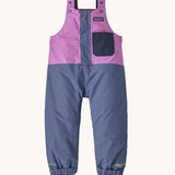The Patagonia Baby Snow Pile Bibs in a  brisk purple available at Babipur. A 100% recycled polyester winter dungaree in bright purple and pale blue. Features popper fastener, small front pocket and elasticated cuffs and band for a secure fit