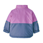 Patagonia little kids snow pile jacket in brisk purple available at Babipur showing the popper detail on the collar for removing the hood