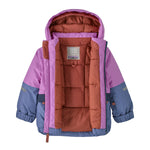 Patagonia little kids snow pile jacket in brisk purple available at Babipur showing the thick warm inner lining in dark red colour
