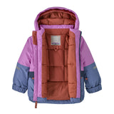 Patagonia little kids snow pile jacket in brisk purple available at Babipur showing the thick warm inner lining in dark red colour