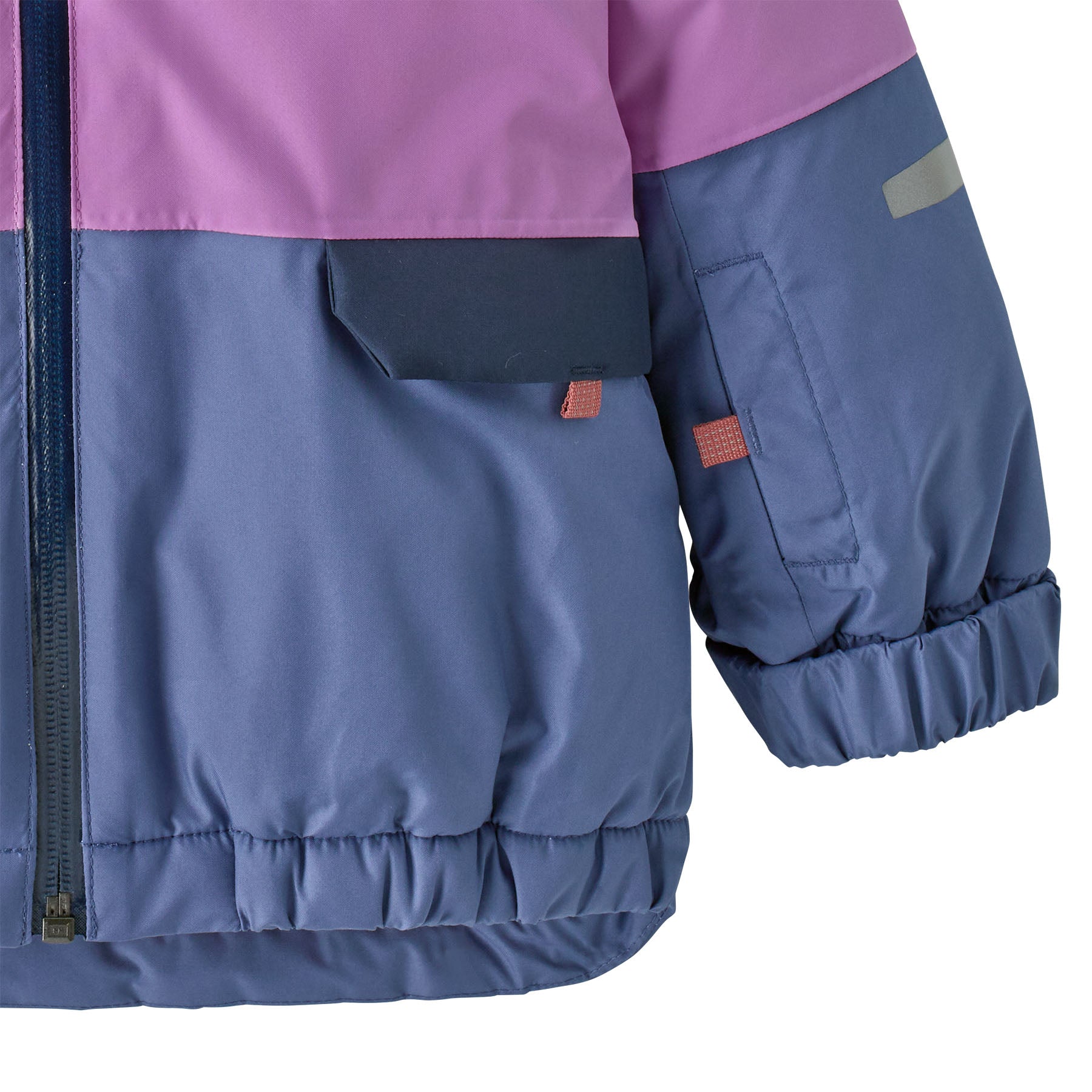 Patagonia little kids snow pile jacket in brisk purple available at Babipur showing the pocket and cuff detail