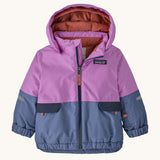 Patagonia little kids snow pile jacket in brisk purple available at Babipur. A 100% recycled polyester thick winter hooded jacket in bright purple and pale blue. Features a full length zip, side pocket and elasticated cuffs.