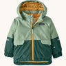 Patagonia little kids snow pile jacket in ellwood green available at Babipur. A 100% recycled polyester thick winter hooded jacket in light and dark green. Features a full length zip, side pocket and elasticated cuffs.