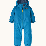 Patagonia little kids snow pile one piece in uplift blue available at Babipur. A 100% recycled polyester thick all in one suit in blue. Features elasticated cuffs and band for a secure fit