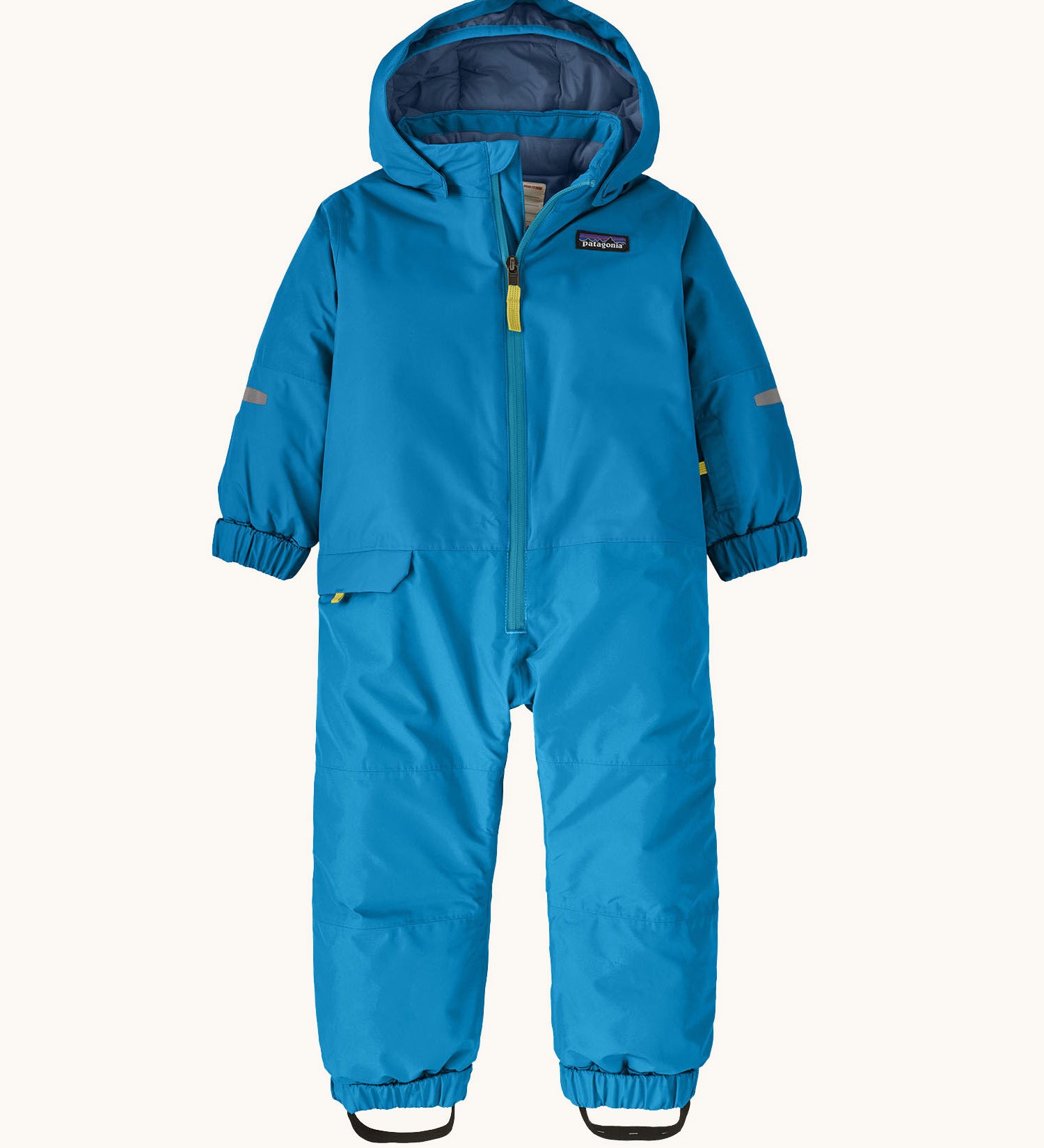Patagonia little kids snow pile one piece in uplift blue available at Babipur. A 100% recycled polyester thick all in one suit in blue. Features elasticated cuffs and band for a secure fit