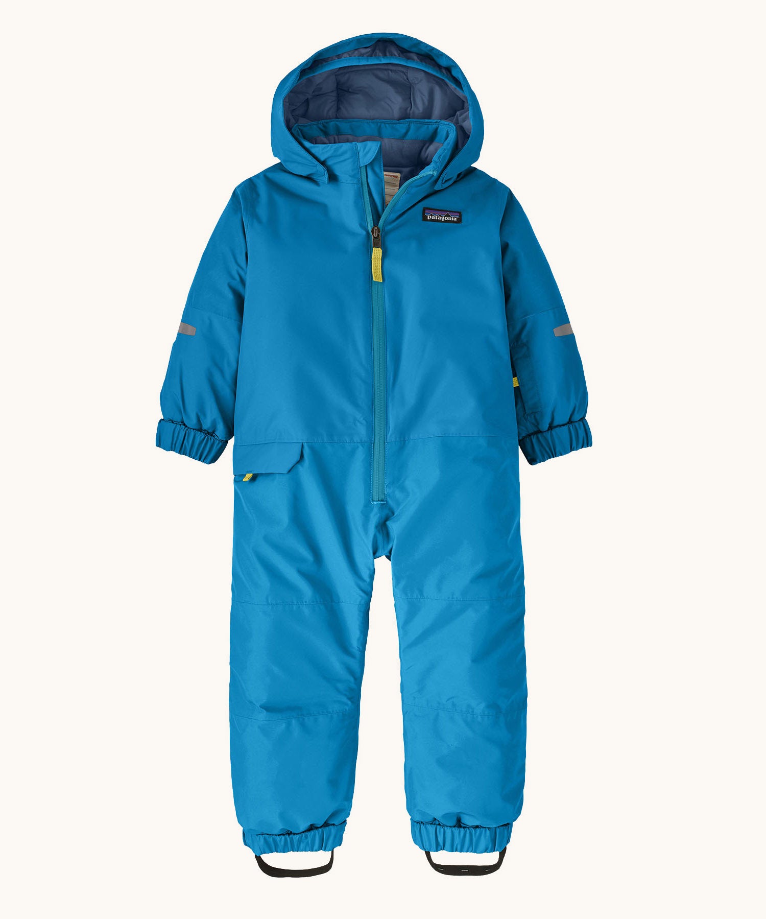 Patagonia little kids snow pile one piece in uplift blue available at Babipur. A 100% recycled polyester thick all in one suit in blue. Features elasticated cuffs and band for a secure fit