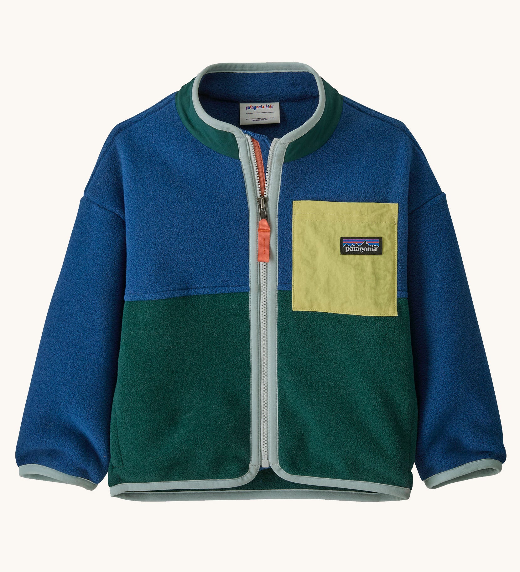 Patagonia little kids synchilla fleece in clement blue available at Babipur. A 100% recycled polyester soft fleece jacket in dark blue and green with pale blue trim. Features a full length zip and a yellow chest pocket