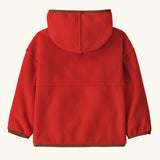 Back of Patagonia little kids synchilla hoody in Amanita red. 100% recycled polyester hooded jacket in red with a regular fit