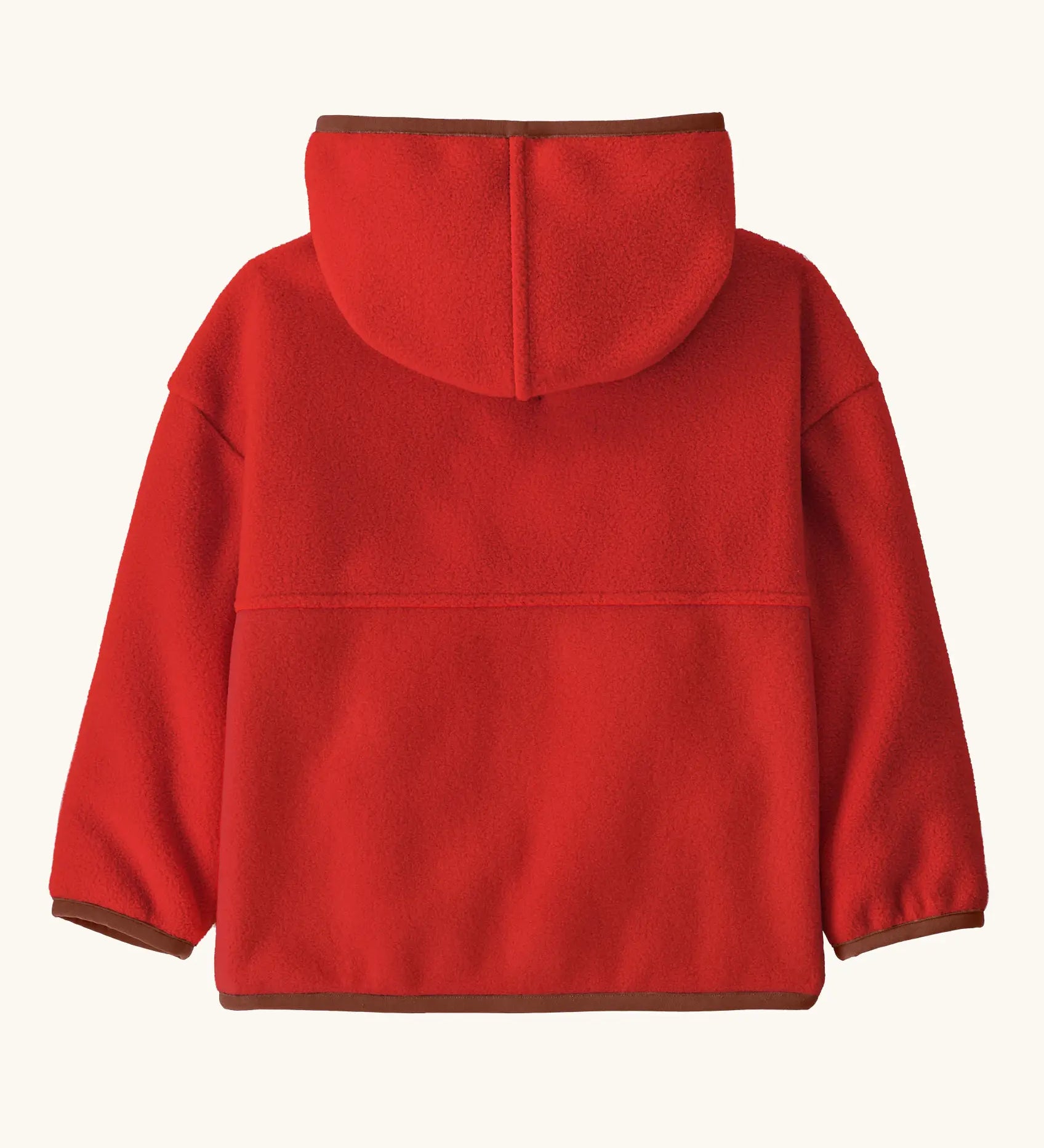Back of Patagonia little kids synchilla hoody in Amanita red. 100% recycled polyester hooded jacket in red with a regular fit
