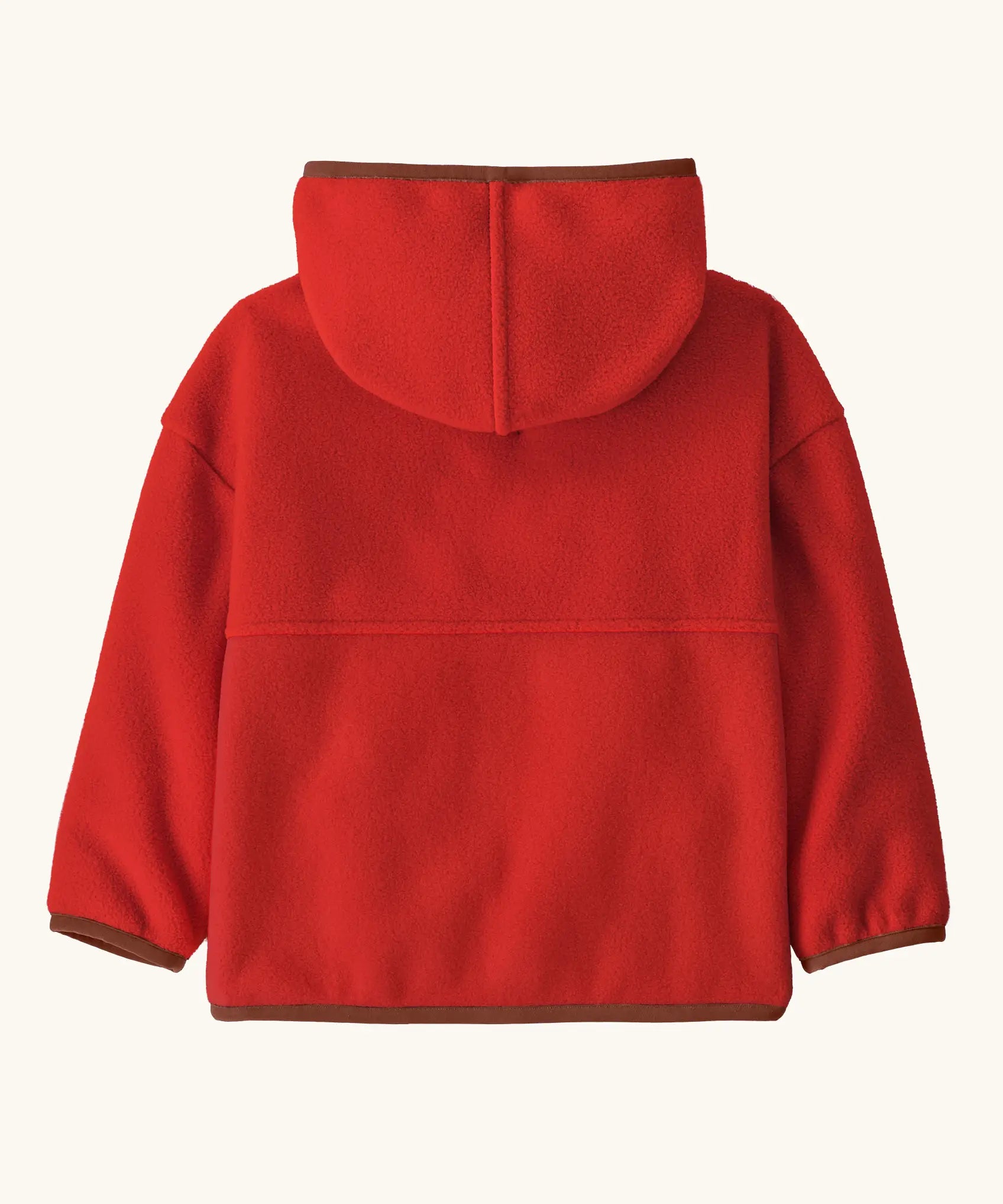 Back of Patagonia little kids synchilla hoody in Amanita red. 100% recycled polyester hooded jacket in red with a regular fit