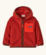 Patagonia little kids synchilla hoody in Amanita red. 100% recycled polyester hooded jacket in red with contrasting trim and pocket. Features a full length zip and a chest pocket. 