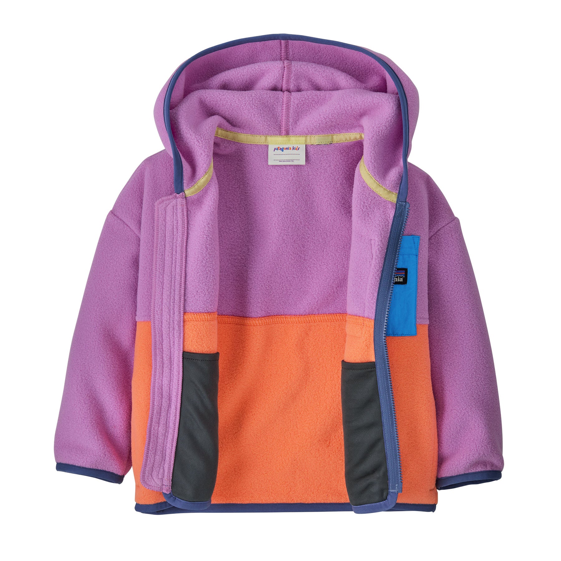 Patagonia little kids synchilla hoody in brisk purple available at Babipur showing the inside detailing