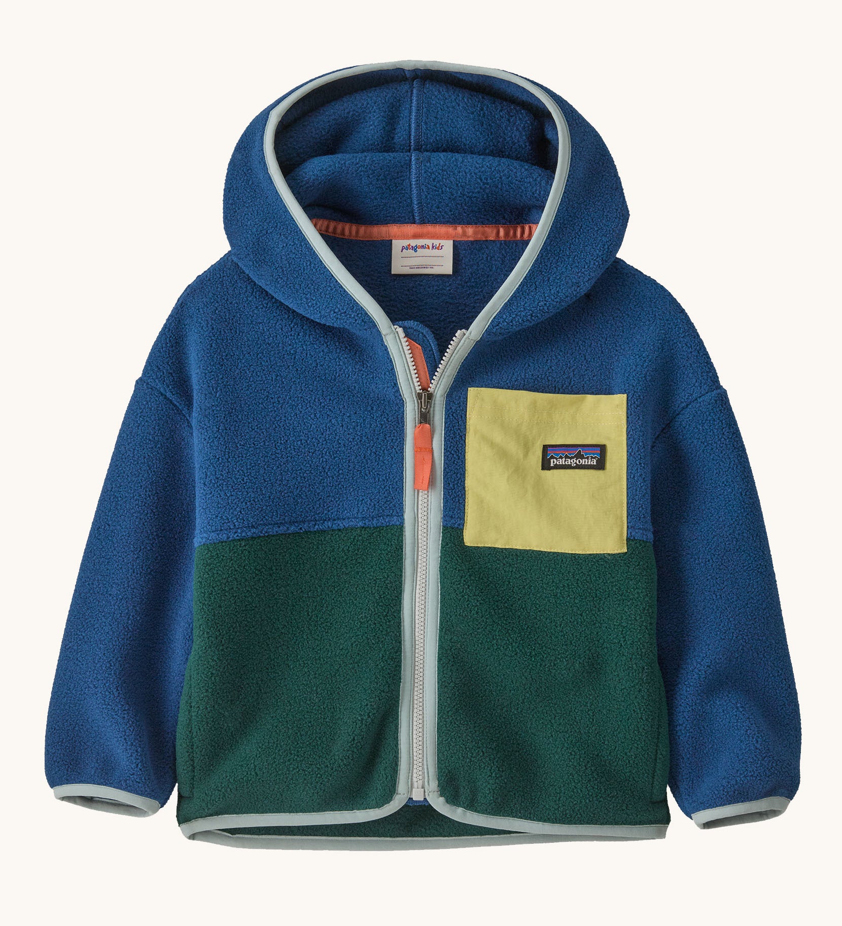 Patagonia little kids synchilla hoody in clement blue available at Babipur. A 100% recycled polyester hooded jacket in dark blue and green with pale blue trim. Features a full length zip and a yellow chest pocket. 