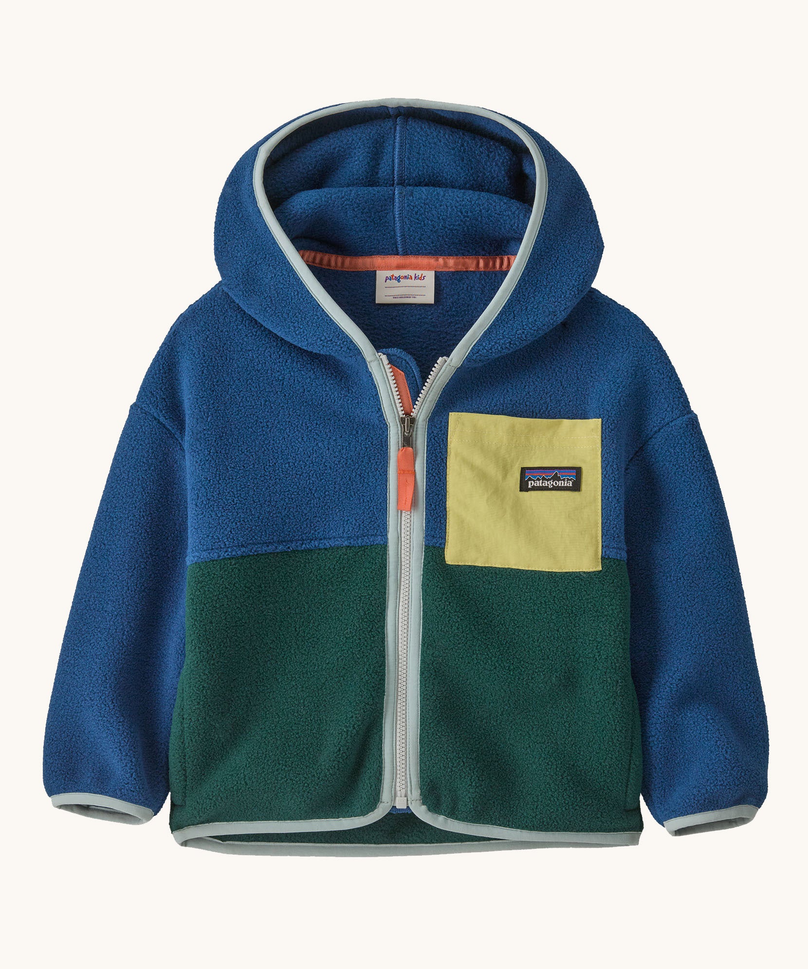 Patagonia little kids synchilla hoody in clement blue available at Babipur. A 100% recycled polyester hooded jacket in dark blue and green with pale blue trim. Features a full length zip and a yellow chest pocket. 