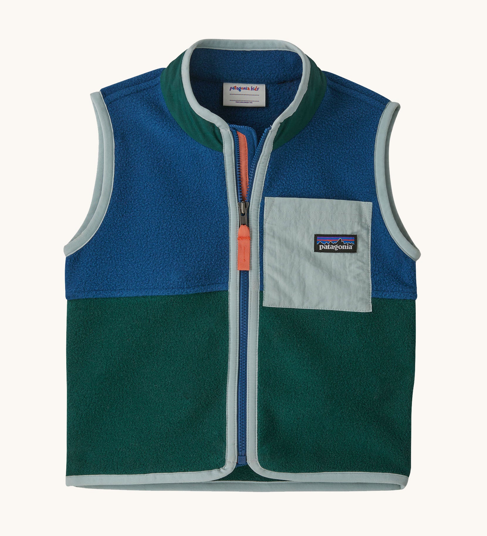 Patagonia little kids synchilla vest in clement blue available at Babipur. A 100% recycled polyester soft fleece gilet in dark blue and green with pale blue trim. Features a full length zip and a pale blue chest pocket