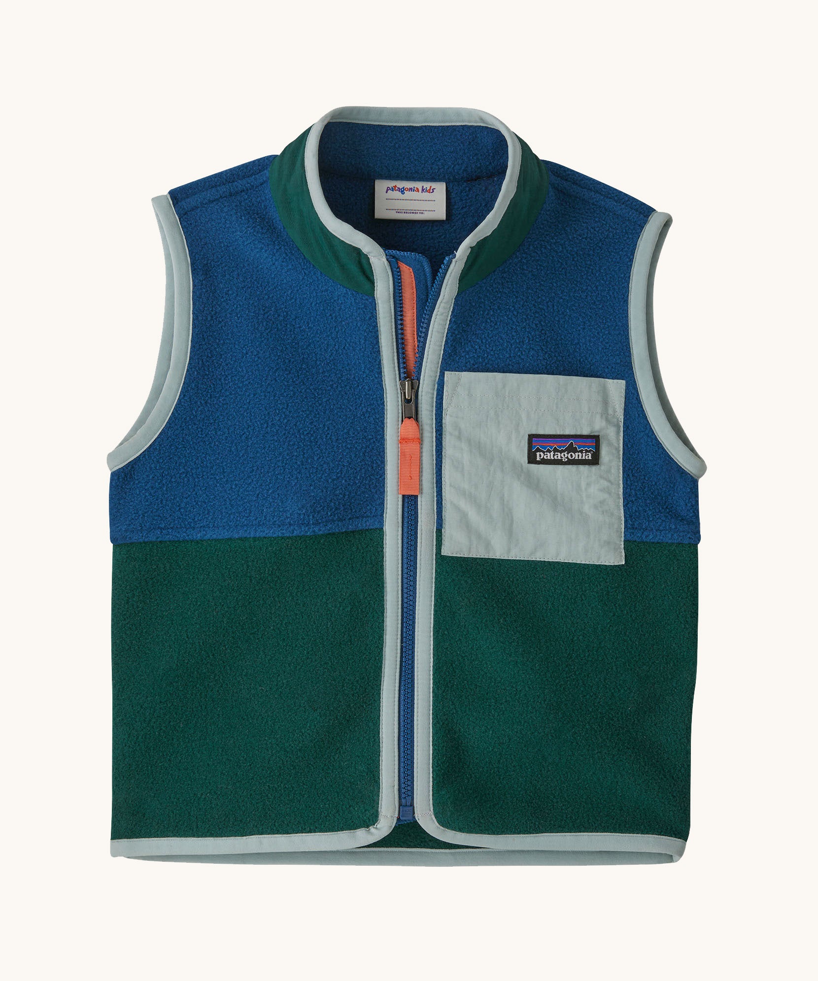 Patagonia little kids synchilla vest in clement blue available at Babipur. A 100% recycled polyester soft fleece gilet in dark blue and green with pale blue trim. Features a full length zip and a pale blue chest pocket