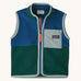 Patagonia little kids synchilla vest in clement blue available at Babipur. A 100% recycled polyester soft fleece gilet in dark blue and green with pale blue trim. Features a full length zip and a pale blue chest pocket