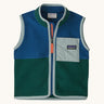 Patagonia little kids synchilla vest in clement blue available at Babipur. A 100% recycled polyester soft fleece gilet in dark blue and green with pale blue trim. Features a full length zip and a pale blue chest pocket