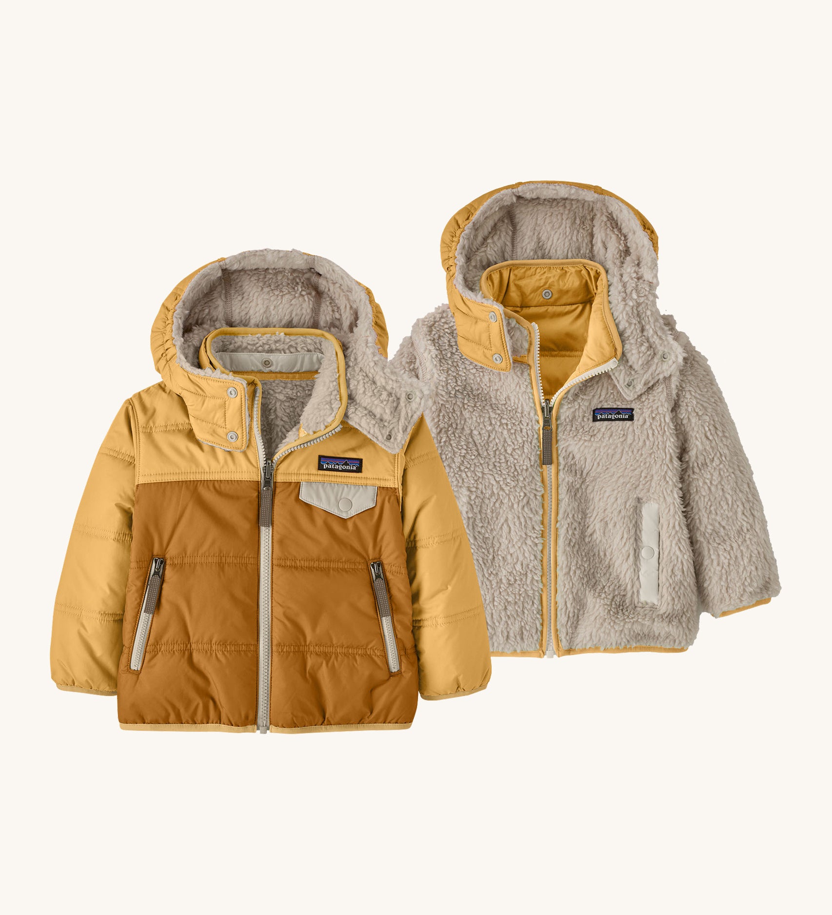 Patagonia little kids tribbles hoody. A reversible coat showing a dark and light yellow hooded coat and natural fleece alternative side. Features a small chest pocket and side pockets
