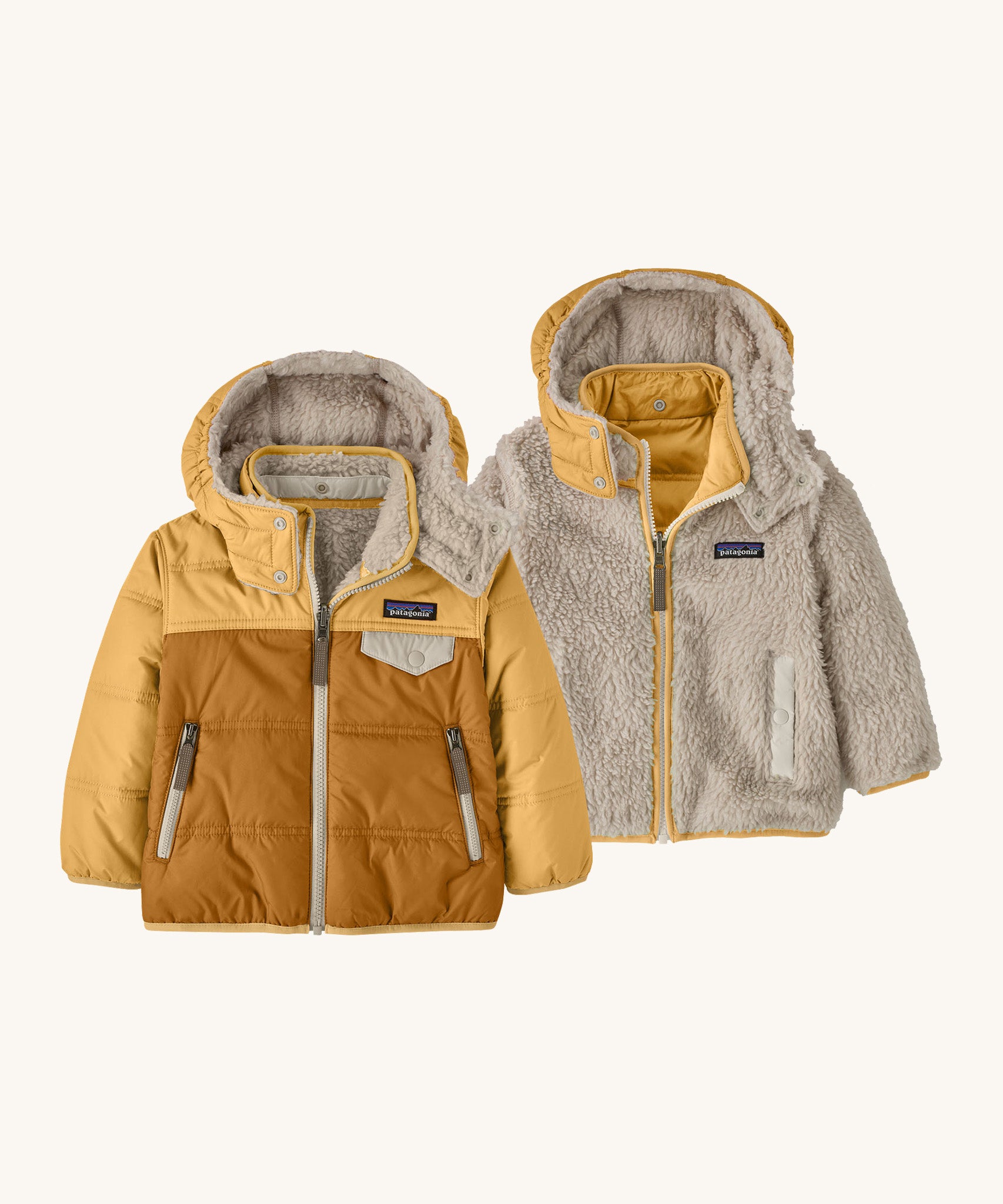 Patagonia little kids tribbles hoody. A reversible coat showing a dark and light yellow hooded coat and natural fleece alternative side. Features a small chest pocket and side pockets
