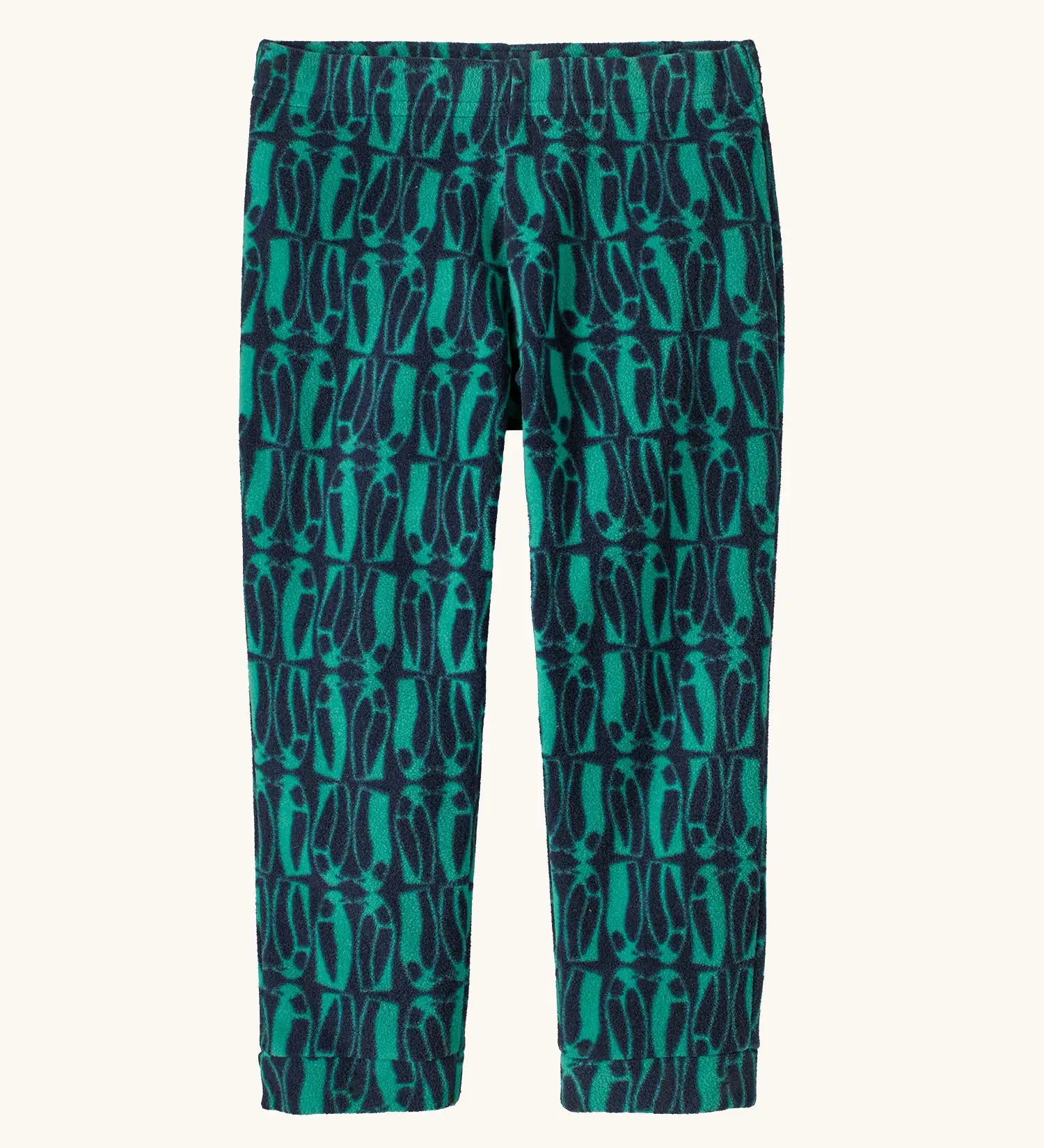Patagonia 100% recycled polyester little kids micro d bottoms navy with a repeating teal penguin design