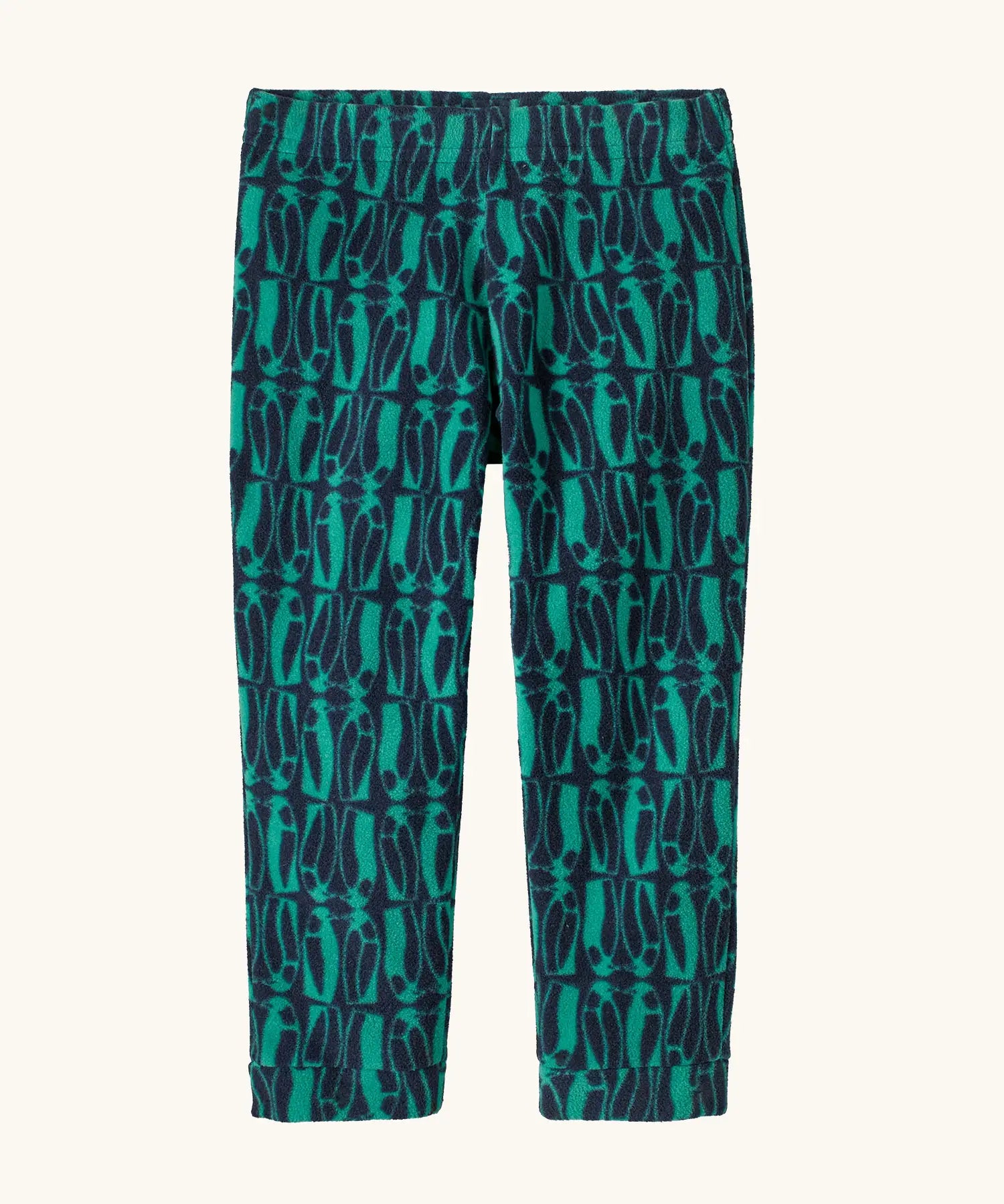 Patagonia 100% recycled polyester little kids micro d bottoms navy with a repeating teal penguin design