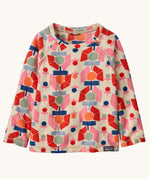 Patagonia kittle kids micro d crew jumper in stamped floral/natural available at Babipur. A 100% recycled polyester soft fleece jumper in cream with a retro multicoloured flower pattern design 