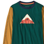 Patagonia kids long sleeve graphic top in driftways/cascade green available at Babipur showing the navy collar detail
