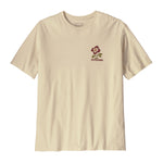 Patagonia men's balance organic top. A cream with short sleeves top showing the flower graphic on the chest available at Babipur.