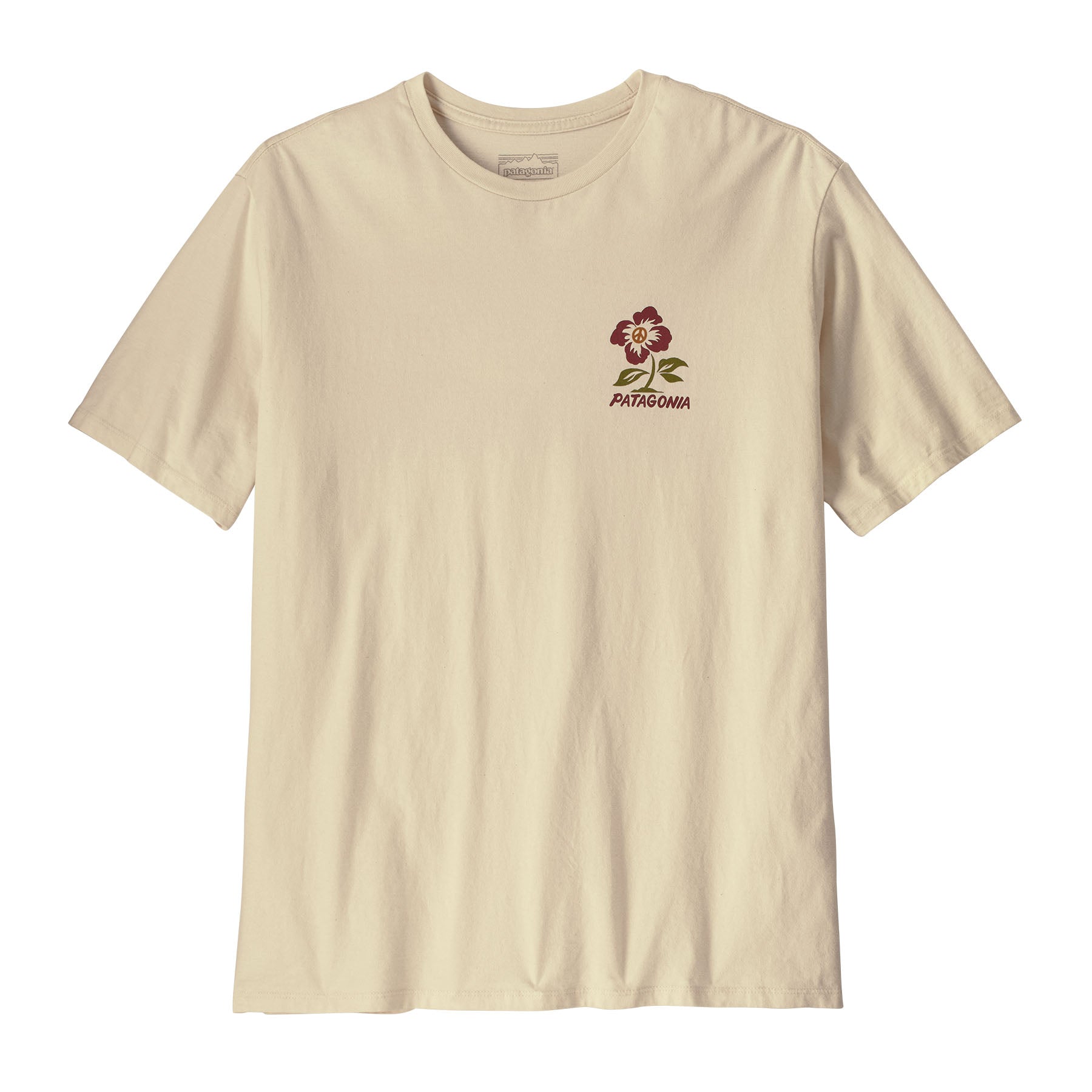Patagonia men's balance organic top. A cream with short sleeves top showing the flower graphic on the chest available at Babipur.