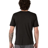 A man wearing the Patagonia Men's Capilene Cool Merino Graphic Shirt with a Heritage Header design in Black available at Babipur showing the back fit