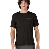 A man wearing the Patagonia Men's Capilene Cool Merino Graphic Shirt with a Heritage Header design in Black available at Babipur showing the front fit